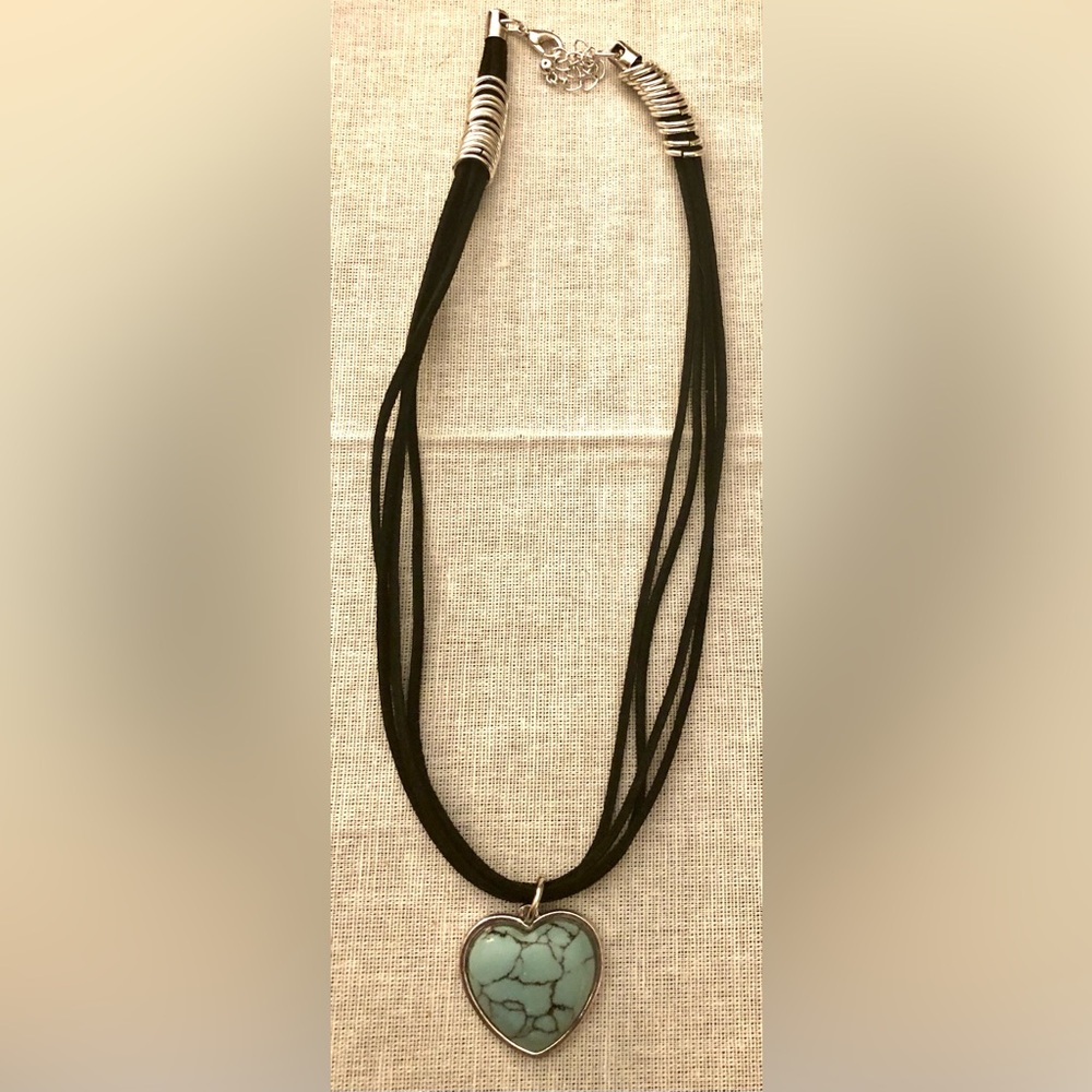 Turquoise Stone Heart Necklace, 18" black cord with blue stone pendant Valentine - Picture 2 of 3